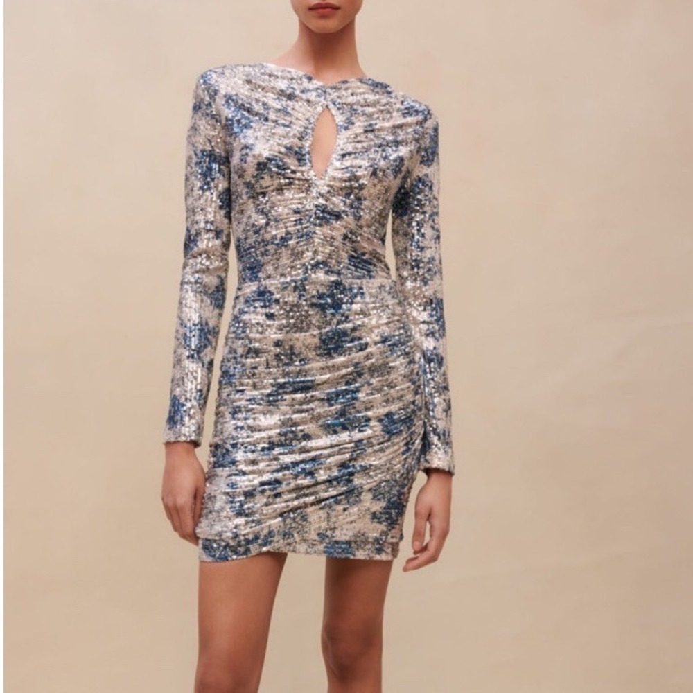 Maje Sequin Mini Dress Silver Long Sleeve Evening Cocktail Party Women 34 NWT‎